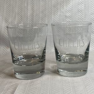 Pair heavy scotch glasses CHEERS etched.